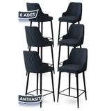 Canisa Enox Serisi 6 Adet Antrasit Mutfak Bar Sandalyesi, Babyface Kumaş, Siyah Metal Ayak, 71 cm