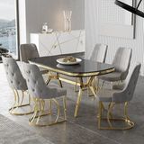 Canisa Epal Serisi 90 x 168 cm Lak Panel Siyah Mermer Desen Masa Takımı Gold Ayaklı 6 Sandalye - Gri