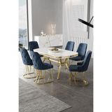 Canisa Epal Serisi 90x168 cm Beyaz Mermer Desen Masa Takımı, Gold Ayaklı, 6 Antrasit Sandalye