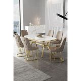 Canisa Epal Serisi 90x168 cm Beyaz Mermer Desen Masa Takımı, Gold Ayaklı, 6 Cappucino Sandalye