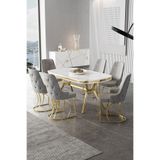 Canisa Epal Serisi 90x168 cm Beyaz Mermer Desen Masa Takımı, Gold Ayaklı, 6 Gri Sandalye