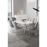 Canisa Epal Serisi 90x168 cm Beyaz Mermer Desen Masa Takımı, Krom Ayaklı, 6 Gri Sandalye