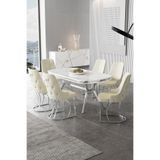 Canisa Epal Serisi 90x168 cm Beyaz Mermer Desen Masa Takımı, Krom Ayaklı, 6 Krem Sandalye