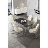 Canisa Epal Serisi 90x168 cm Siyah Mermer Desen Masa, 6 Krem Sandalyeli Mutfak Masası Takımı