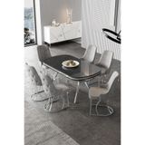 Canisa Epal Serisi 90x168 cm Siyah Mermer Desen Masa Takımı, 6 Gri Sandalye, Krom Ayaklı