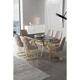 Canisa Epal Serisi 90x168 cm Siyah Mermer Desen Masa Takımı, Gold Ayaklı, 6 Cappucino Sandalye