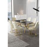 Canisa Epal Serisi 90x168 cm Siyah Mermer Desen Masa Takımı, Gold Ayaklı, 6 Krem Sandalye