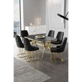 Canisa Epal Serisi 90x168 cm Siyah Mermer Desen Masa Takımı, Gold Ayaklı, 6 Siyah Sandalye