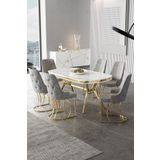 Canisa Epal Serisi 90x168 Lak Panel Beyaz Mermer Desen Masa Takımı Gold Ayaklı 6 Gri Sandalye