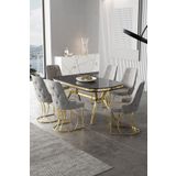 Canisa Epal Serisi 90x168 Lak Panel Siyah Mermer Desen Masa Takımı Gold Ayaklı 6 Gri Sandalye