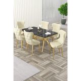 Canisa Esla Serisi 90x160 cm Lak Panel Sonata Masa, Gold Ayaklı, 6 Krem Sandalyeli Yemek Odası Takımı