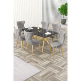 Canisa Esla Serisi 90x160 cm Lak Panel Sonata Masa, Gold Kaplama Ayaklı, 6 Gri Sandalyeli Yemek Odası Takımı