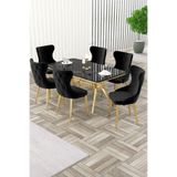 Canisa Esla Serisi 90x160 cm Siyah Mermer Masa Takımı, Gold Detaylı Ayaklı, 6 Siyah Sandalye