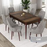 Canisa Eta Serisi 80x132 Açılabilir Mdf Barok Ahşap Desen Masa Takımı ve 6 Adet Gri Sandalye