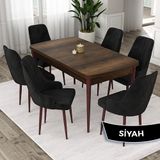 Canisa Eta Serisi 80x132 Açılabilir Mdf Barok Ahşap Desen Masa Takımı ve 6 Adet Siyah Sandalye