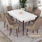 Canisa Eta Serisi 80x132 Açılabilir Mdf Beyaz Ceviz Ayak Masa Takımı ve 6 Adet Cappucino Sandalye