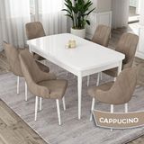Canisa Eta Serisi 80x132 Açılabilir Mdf Beyaz Masa Takımı ve 6 Adet Cappucino Sandalye