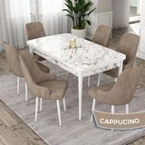 Canisa Eta Serisi 80x132 Açılabilir Mdf Beyaz Mermer Desen Masa Takımı ve 6 Adet Cappucino Sandalye