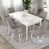 Canisa Eta Serisi 80x132 Açılabilir Mdf Beyaz Mermer Desen Masa Takımı ve 6 Adet Gri Sandalye