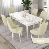 Canisa Eta Serisi 80x132 Açılabilir Mdf Beyaz Mermer Desen Masa Takımı ve 6 Adet Krem Sandalye