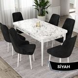 Canisa Eta Serisi 80x132 Açılabilir Mdf Beyaz Mermer Desen Masa Takımı ve 6 Adet Siyah Sandalye