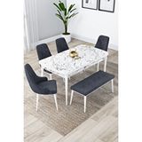 Canisa Eta Serisi, Beyaz Mermer Desen Açılabilir 80x132 Mdf Yemek Odası Takımı, 4 Lacivert Sandalye