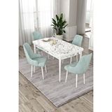 Canisa Eta Serisi, Beyaz Mermer Desen Açılabilir 80x132 Mdf Yemek Odası Takımı, 4 Su Yeşili Sandalye