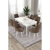 Canisa Eta Serisi, Beyaz Mermer Desen Masa Açılabilir 80x132 Mdf Yemek Odası Takımı,6 Kahve Sandalye