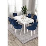 Canisa Eta Serisi, Beyaz Mermer Desen Masa Açılabilir 80x132 Mdf Yemek Odası Takımı,6 Lacivert Sandalye