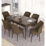Canisa Eva Serisi 80x132 Açılabilir MDF Barok Ahşap Desen Mutfak Masası ve Kahverengi 6 Sandalye
