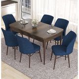 Canisa Eva Serisi 80x132 Açılabilir MDF Barok Ahşap Desen Mutfak Masası ve Lacivert 6 Sandalye