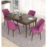 Canisa Eva Serisi 80x132 Açılabilir MDF Barok Ahşap Desen Mutfak Masası ve Mor 4 Sandalye