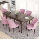 Canisa Eva Serisi 80x132 Açılabilir MDF Barok Ahşap Desen Mutfak Masası ve Pembe 6 Sandalye