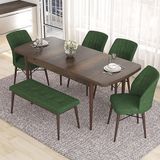 Canisa Eva Serisi 80x132 Açılabilir MDF Barok Ahşap Desen Mutfak Masası ve Su Yeşili 4 Sandalye 1 Bench