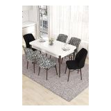 Canisa Eva Serisi 80x132 Açılabilir MDF Beyaz Ceviz Ayak Mutfak Masası ve 2 Siyah 4 Zebra Desen Sandalye