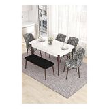 Canisa Eva Serisi 80x132 Açılabilir MDF Beyaz Ceviz Ayak Mutfak Masası ve 4 Zebra Desen Sandalye 1 Siyah Bench