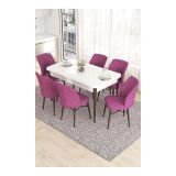 Canisa Eva Serisi 80x132 Açılabilir MDF Beyaz Ceviz Ayak Mutfak Masası ve Mor 6 Sandalye