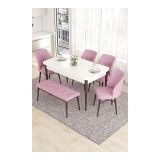 Canisa Eva Serisi 80x132 Açılabilir MDF Beyaz Ceviz Ayak Mutfak Masası ve Pembe 4 Sandalye 1 Bench