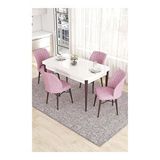 Canisa Eva Serisi 80x132 Açılabilir MDF Beyaz Ceviz Ayak Mutfak Masası ve Pembe 4 Sandalye