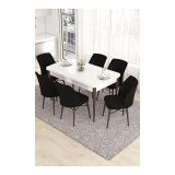 Canisa Eva Serisi 80x132 Açılabilir MDF Beyaz Ceviz Ayak Mutfak Masası ve Siyah 6 Sandalye
