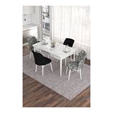 Canisa Eva Serisi 80x132 Açılabilir MDF Beyaz Mermer Desen Mutfak Masası ve 2 Siyah 2 Zebra Sandalye