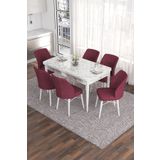 Canisa Eva Serisi 80x132 Açılabilir MDF Beyaz Mermer Desen Mutfak Masası ve Bordo 6 Sandalye