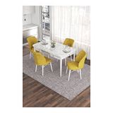 Canisa Eva Serisi 80x132 Açılabilir MDF Beyaz Mermer Desen Mutfak Masası ve Hardal 4 Sandalye