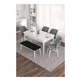 Canisa Eva Serisi 80x132 Açılabilir MDF Beyaz Mermer Desen Mutfak Masası ve Siyah 4 Sandalye 1 Zebra Desen Bench