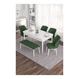 Canisa Eva Serisi 80x132 Açılabilir MDF Beyaz Mermer Desen Mutfak Masası ve Su Yeşili 4 Sandalye 1 Bench