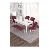 Canisa Eva Serisi 80x132 Açılabilir MDF Beyaz Mutfak Masası ve Bordo 4 Sandalye 1 Bench