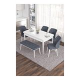 Canisa Eva Serisi 80x132 Açılabilir MDF Beyaz Mutfak Masası ve Füme 4 Sandalye 1 Bench