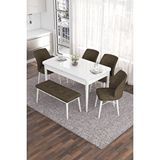 Canisa Eva Serisi 80x132 Açılabilir MDF Beyaz Mutfak Masası ve Kahverengi 4 Sandalye 1 Bench