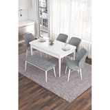 Canisa Eva Serisi, 80x132 Açılabilir Mdf Mutfak Masa Takımı, Beyaz Masa, 4 Gri Sandalye Ve 1 Bench