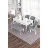 Canisa Eva Serisi 80x132 Açılabilir Mdf Mutfak Masası Takımı Beyaz Masa 4 Gri Sandalye 1 Bench